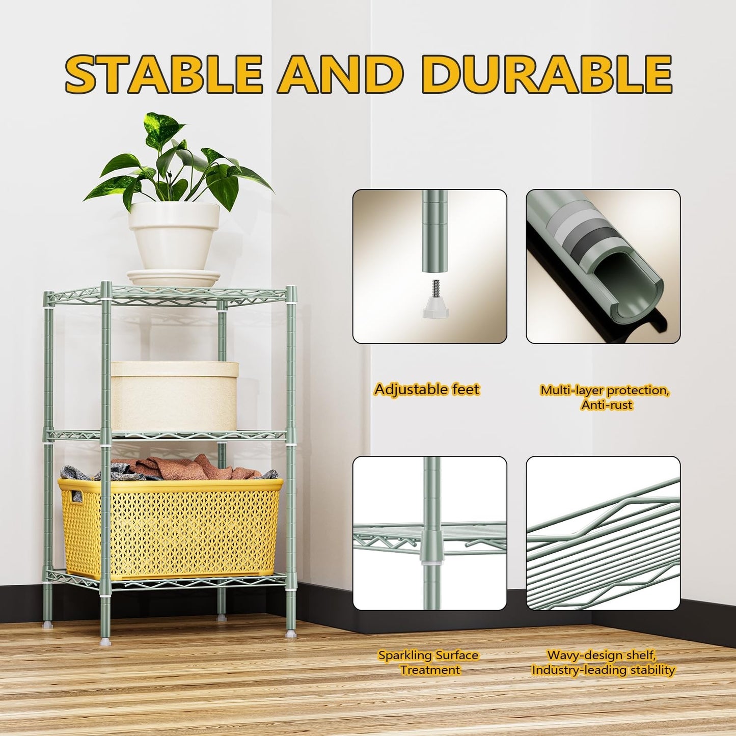 750 lbs 3 Shelf Wire Storage Unit   Metal Rack for Small Spaces, Bathroom, Green5