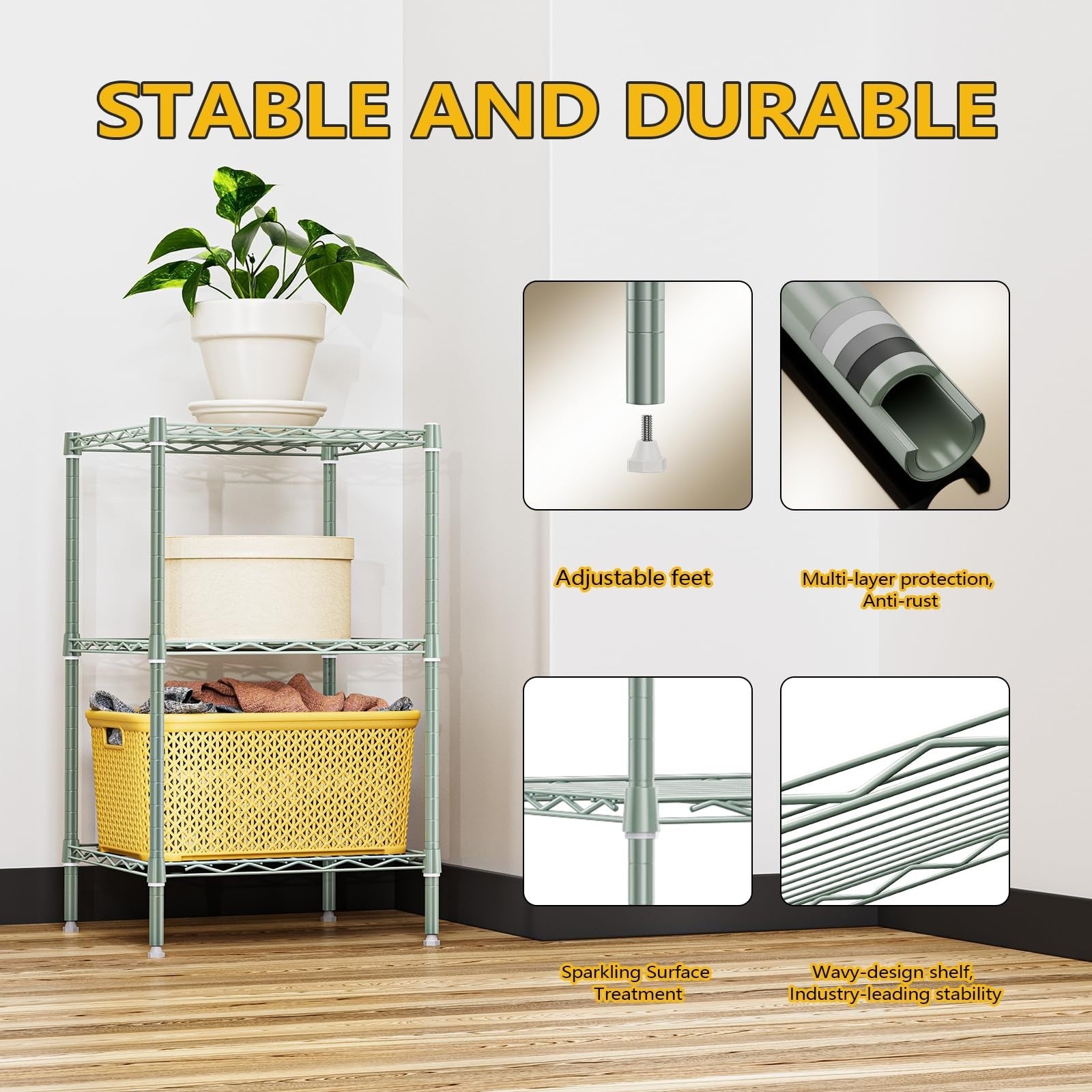 750 lbs 3 Shelf Wire Storage Unit   Metal Rack for Small Spaces, Bathroom, Green5