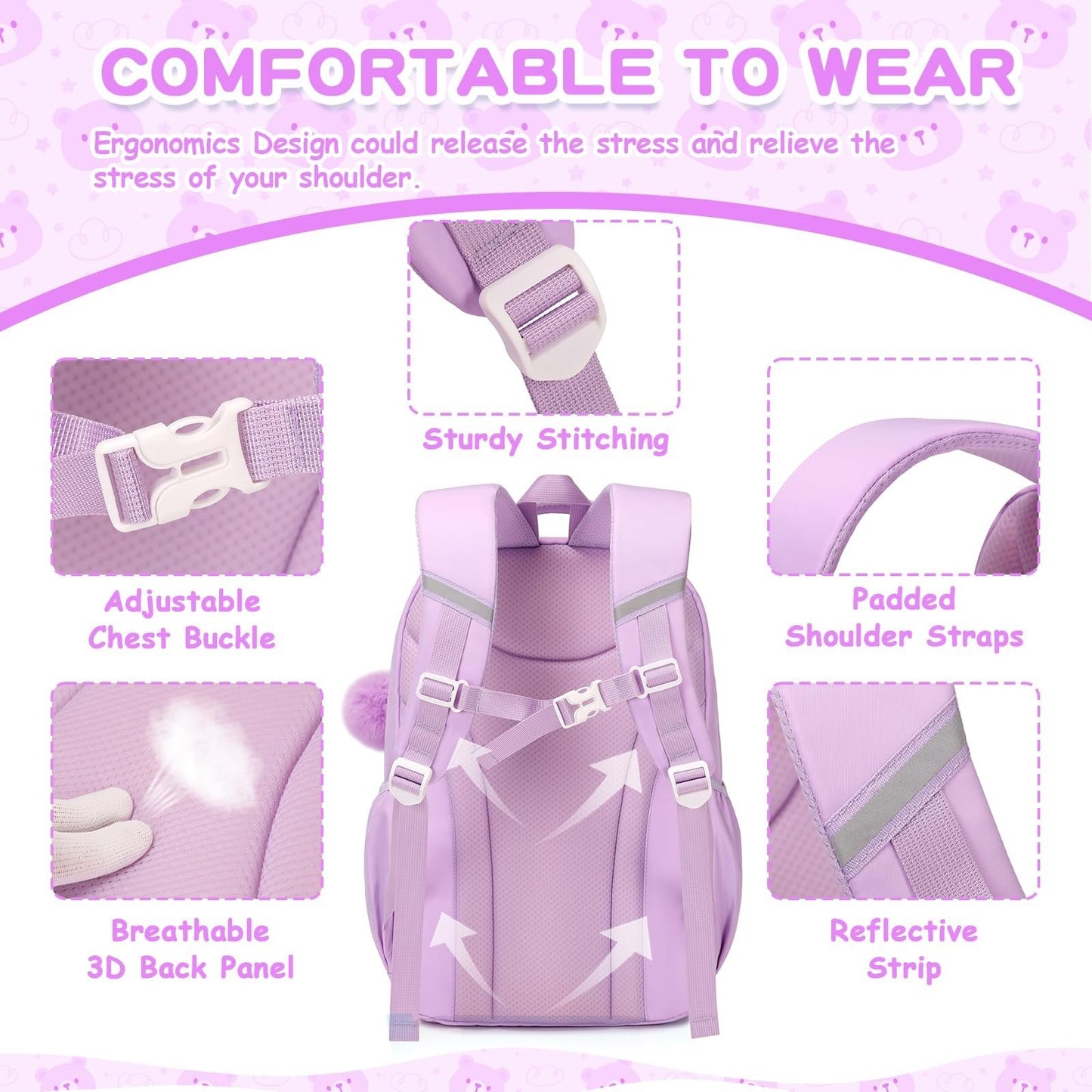 Kawaii Girls Backpack - Cute School Bag for Middle & Elementary Students, Purple3