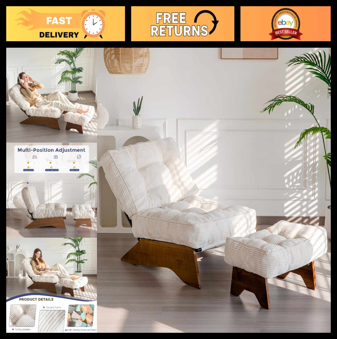 Cozy Tufted Accent Chair & Ottoman Set, Adjustable Backrest, Modern Recliner, Be0