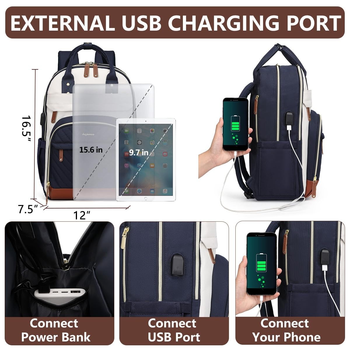 Stylish Laptop Backpack for Women, Fits 15.6" Laptops, Anti Theft, USB Charging,3