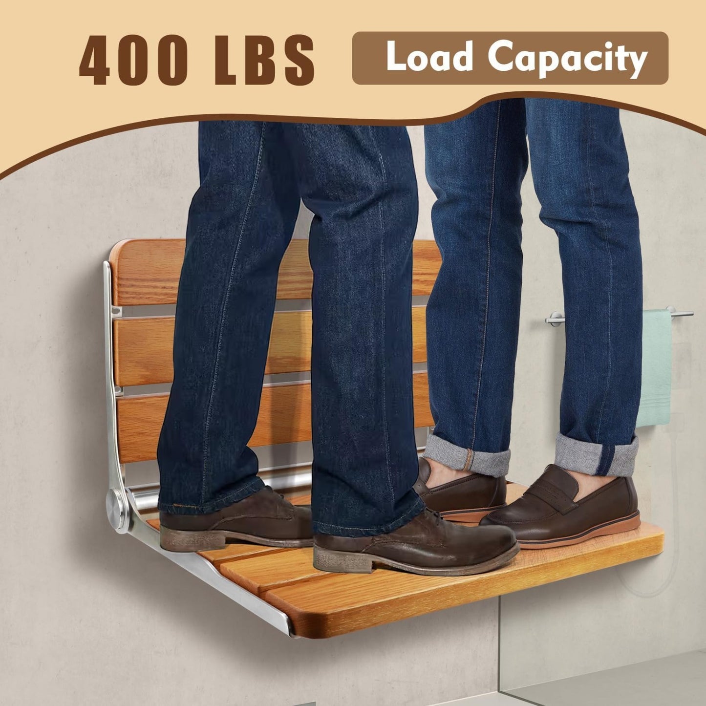 18" Teak Folding Shower Seat   Heavy Duty Wall Mounted Bench, Space Saving Spa C6