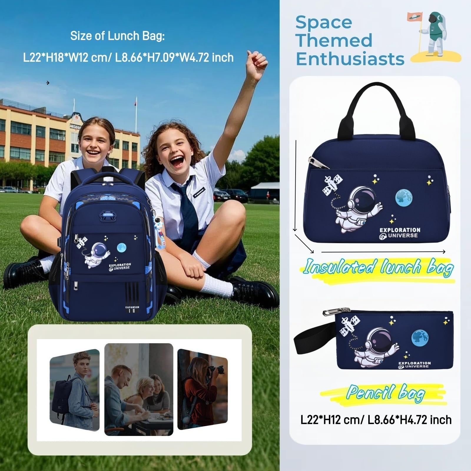 3pcs Boys Backpack Set with Lunch Box   Lightweight Astronaut School Bags for Ki2