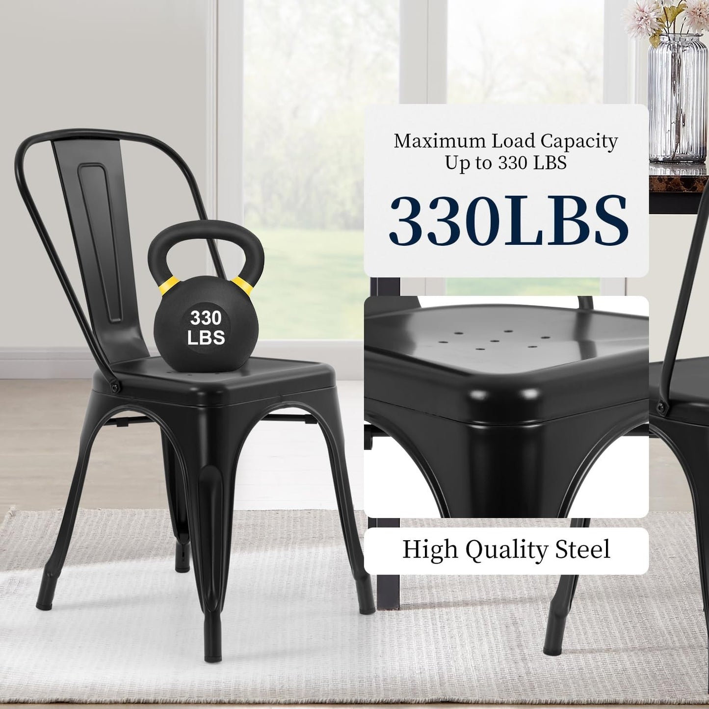 Set of 4 Metal Dining Chairs   Black, Stackable Tolix Style, 330lbs Capacity, In5