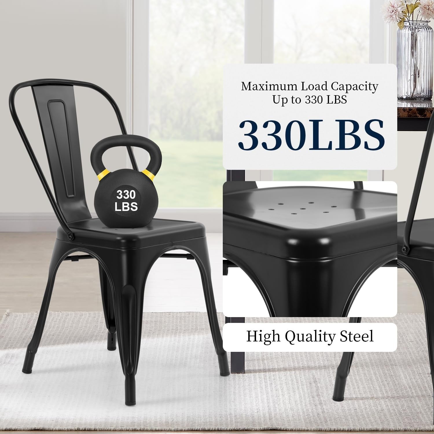 Set of 4 Metal Dining Chairs   Black, Stackable Tolix Style, 330lbs Capacity, In5