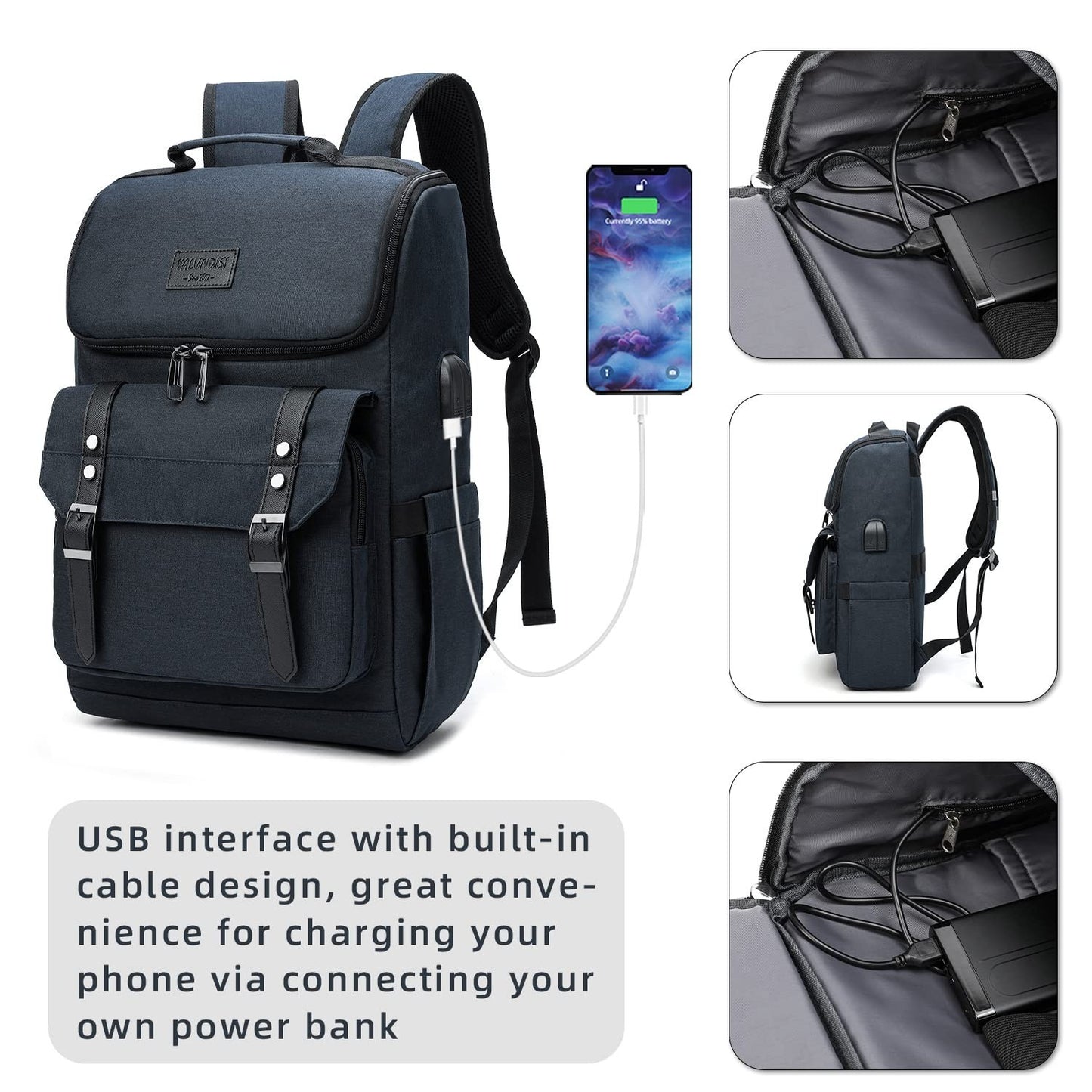 Vintage Travel Laptop Backpack with USB Charging Port - Fits 15.6" Laptop, Blue2