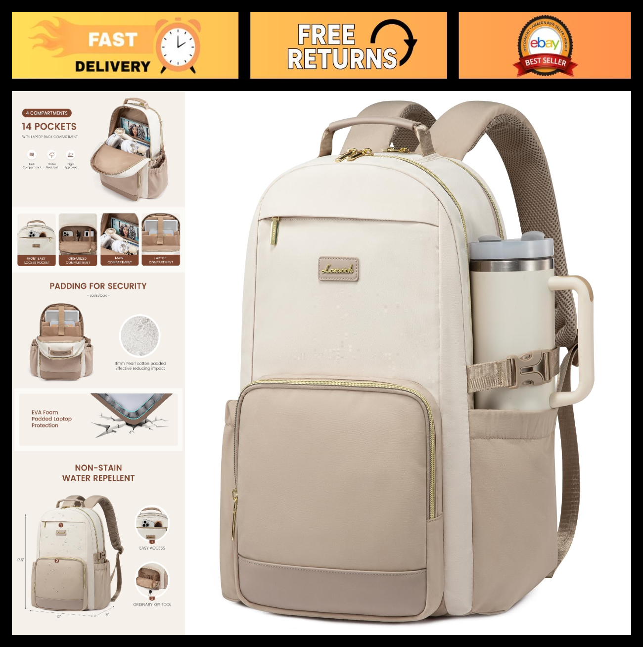 Stylish Waterproof Laptop Backpack for Women, 15.6" Travel Bag with Pouch, Large0