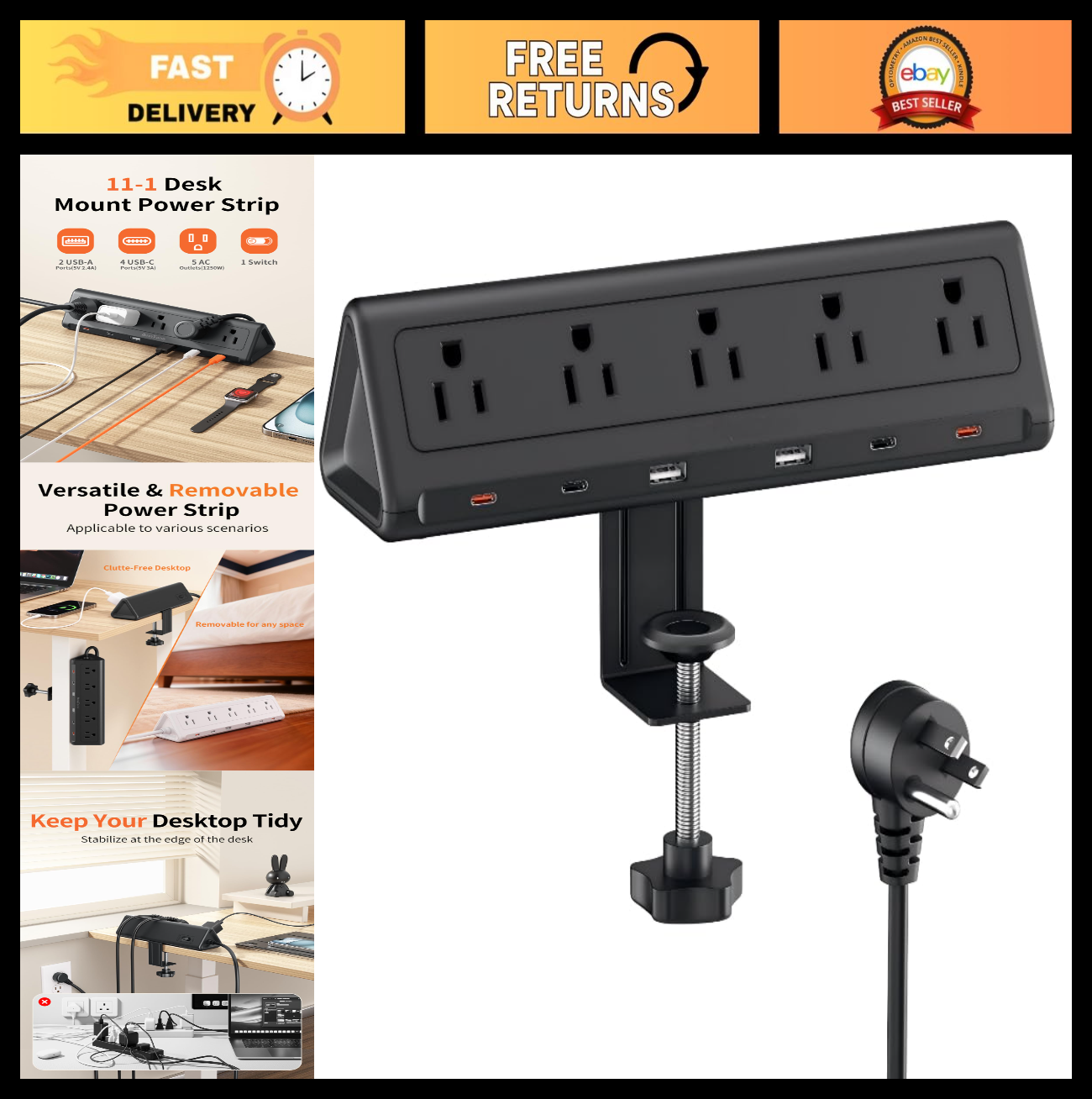 6.5FT Desk Clamp Power Strip, 5 AC Outlets, 6 USB Ports, PD 40W Fast Charging, B0