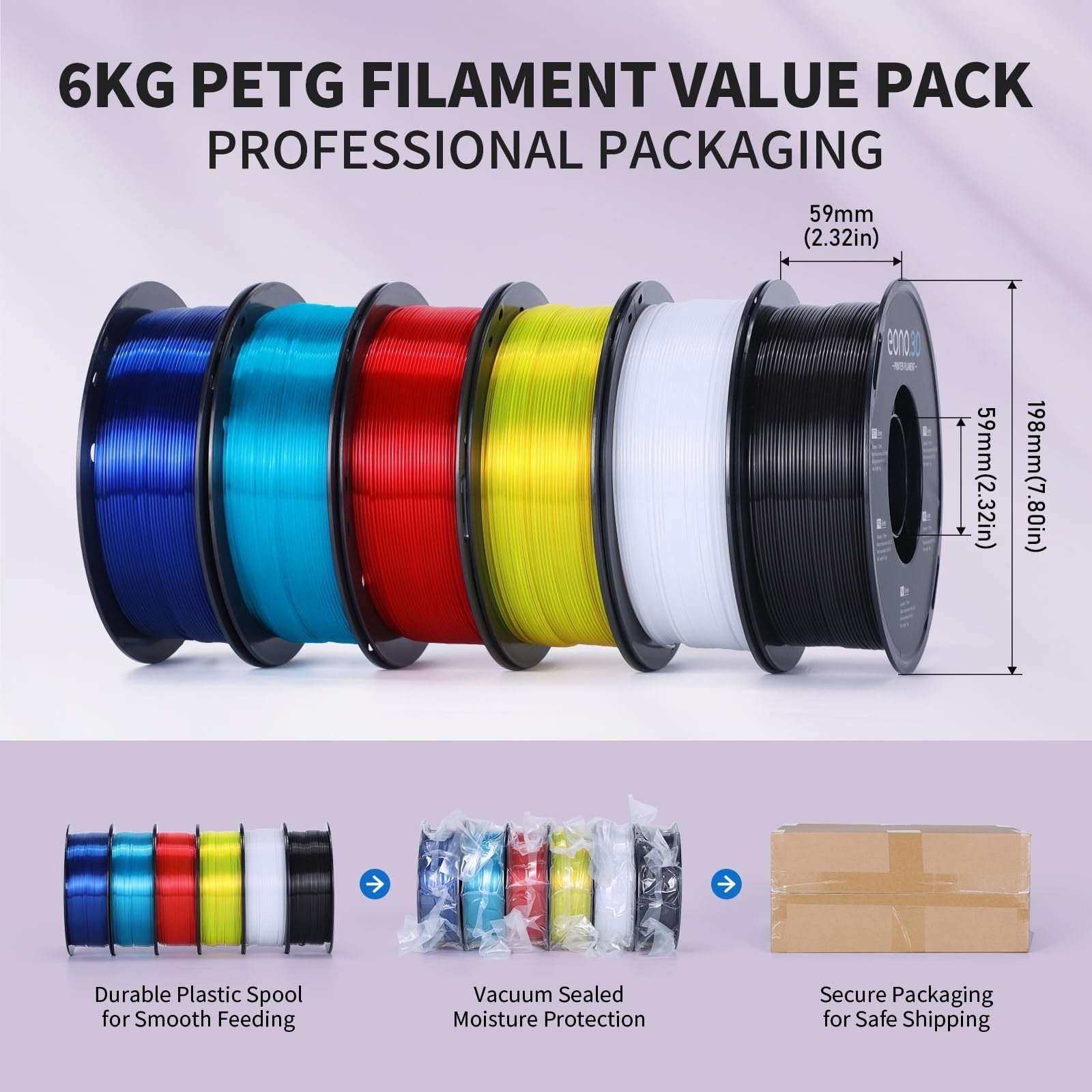 Translucent PETG Filament 1.75mm 6-Color Bundle 6kg for 3D Printing & Art Models2