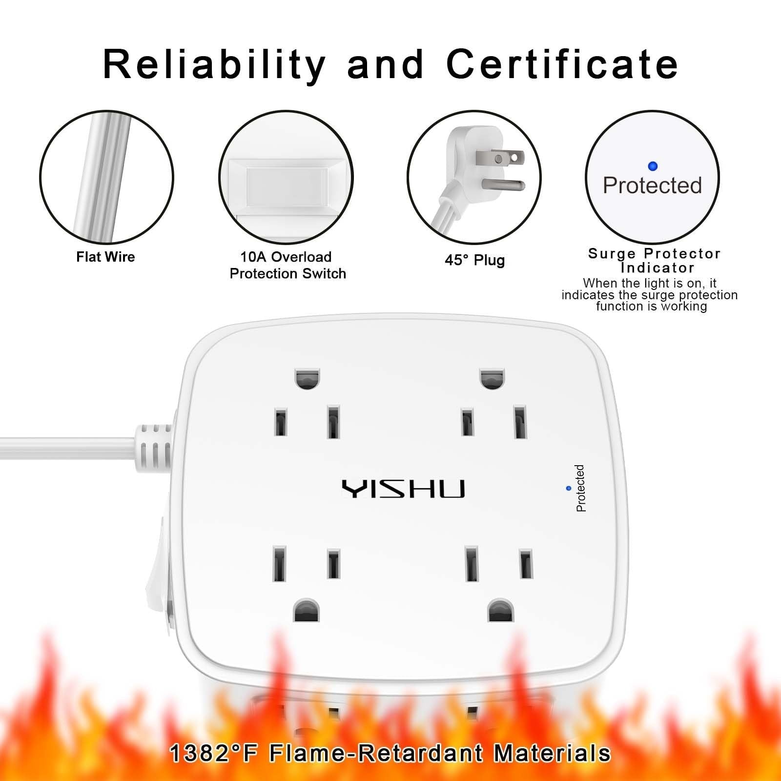 10 Ft Surge Protector Power Strip   8 Outlet Power Hub, 4 USB Ports, Flat Cord,5