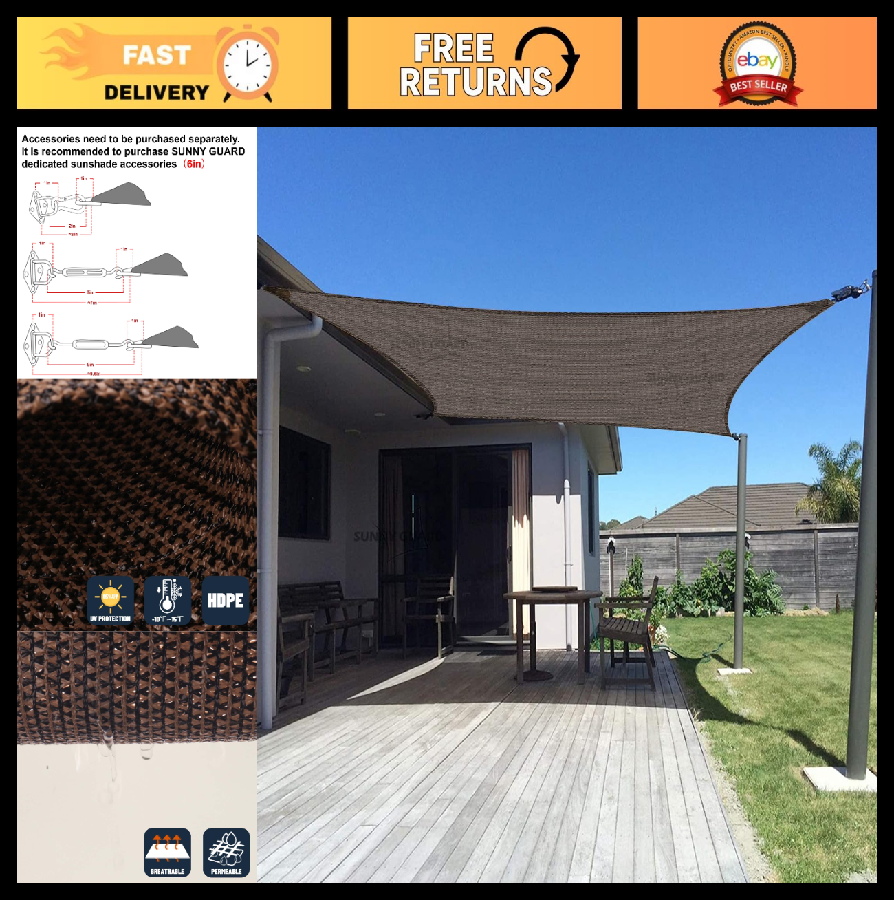10' x 13' Rectangle Shade Sail Canopy   95% UV Block Outdoor Sun Shade for Patio0