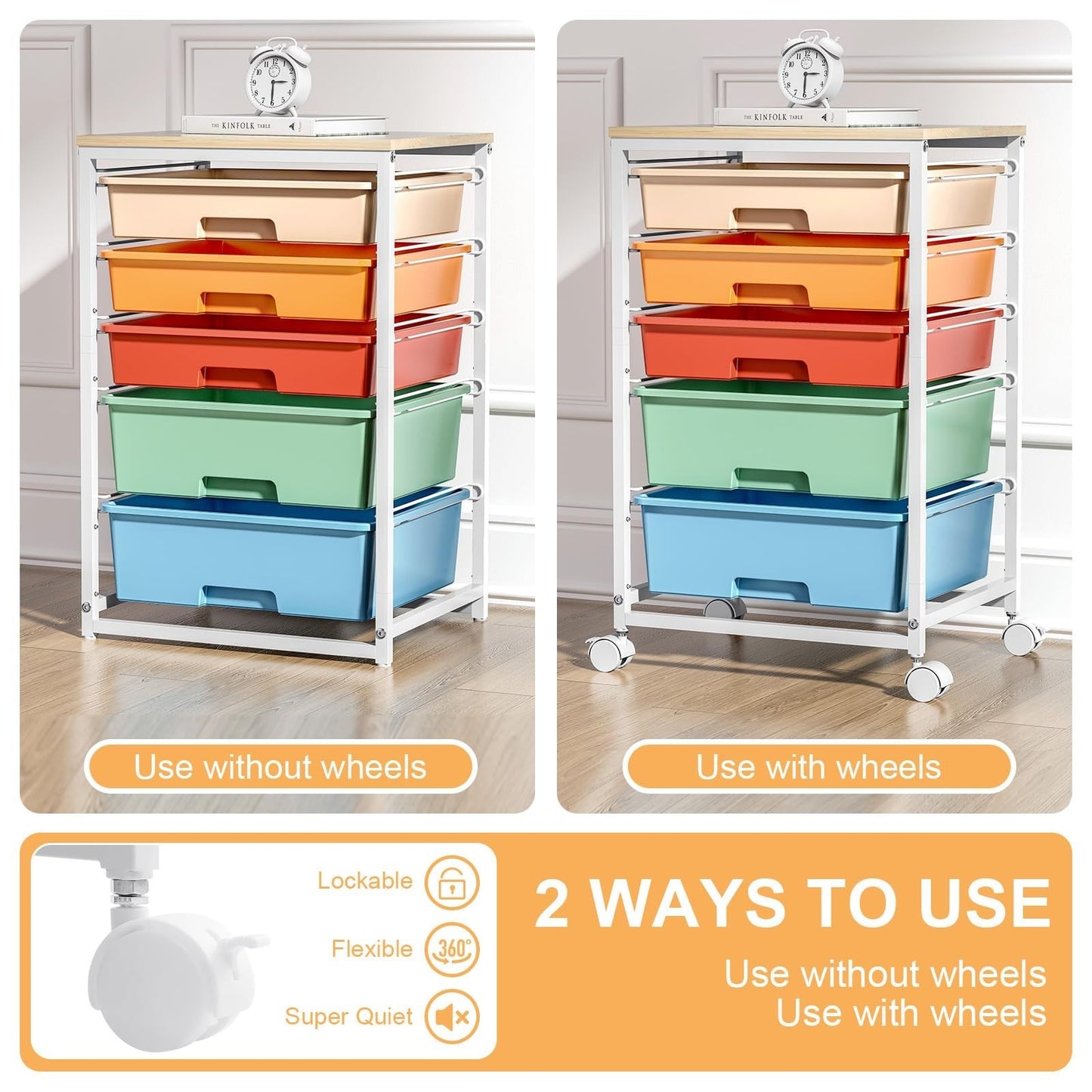 5 Drawer Utility Cart with Wooden Top, Lockable Wheels, Rolling Craft Organizer4