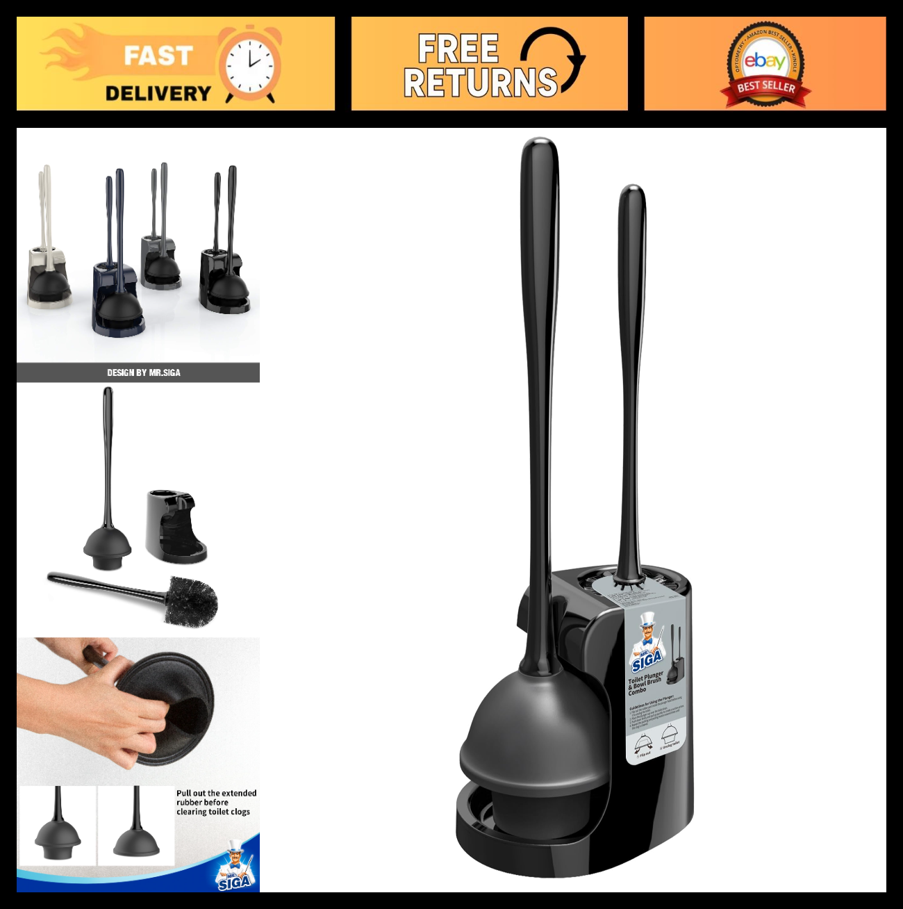 Toilet Plunger & Bowl Brush Combo Set - Heavy Duty Bathroom Cleaning Tools, Blac0
