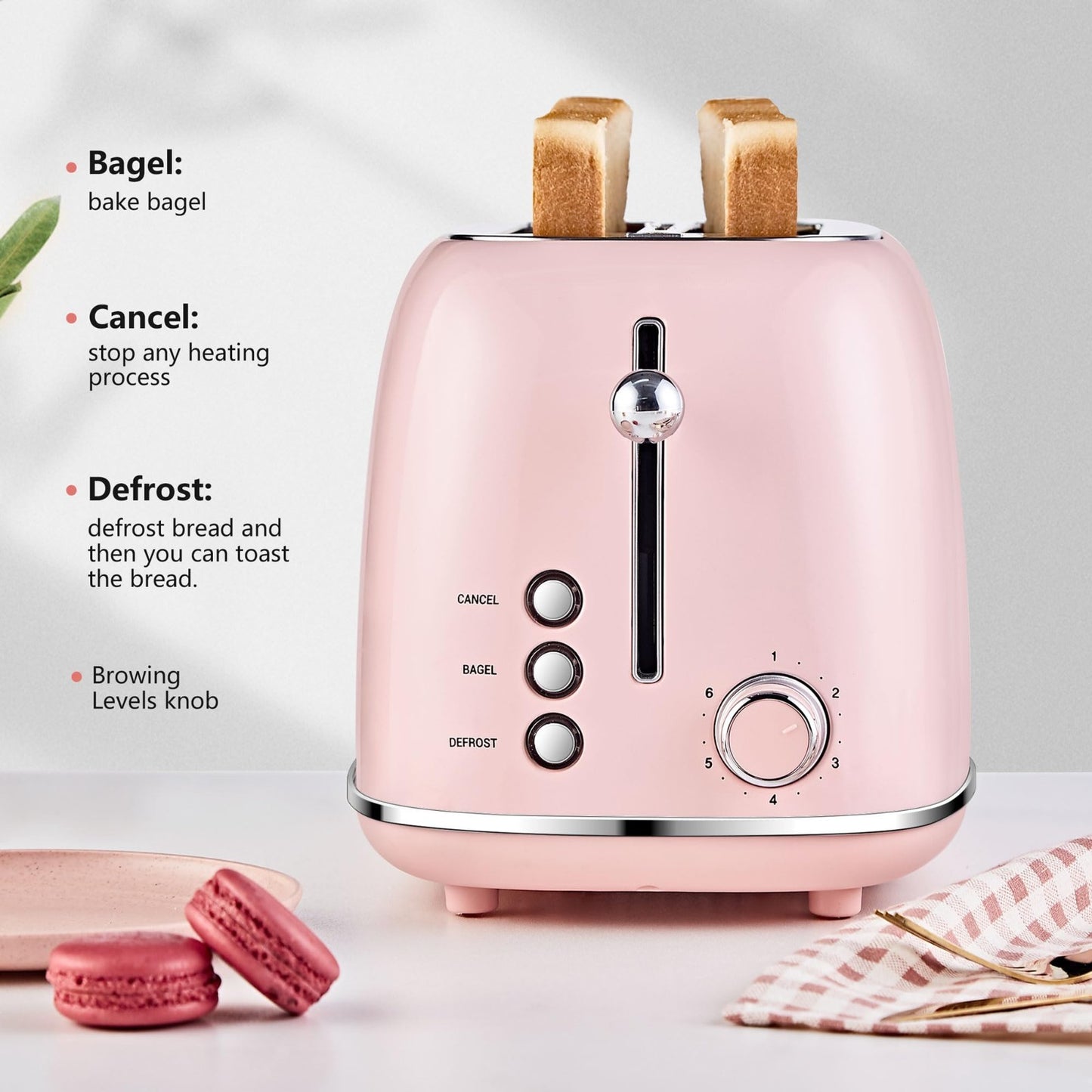 Retro Stainless Steel 2 Slice Toaster with Bagel, Cancel, Defrost, 6 Shade Setti3