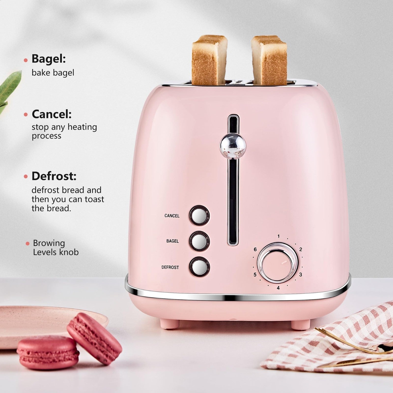 Retro Stainless Steel 2 Slice Toaster with Bagel, Cancel, Defrost, 6 Shade Setti3