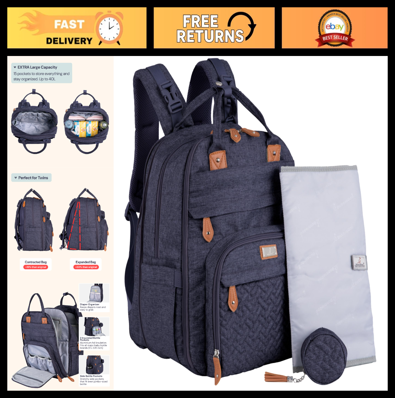 Extra Large Diaper Bag Backpack   Expandable Baby Tote with Changing Pad, Stroll0