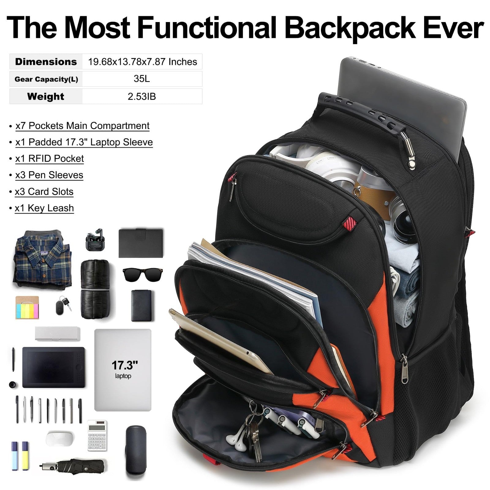 17.3" Waterproof Laptop Backpack with USB Port, Anti Theft Travel Bag, Black/Ora4