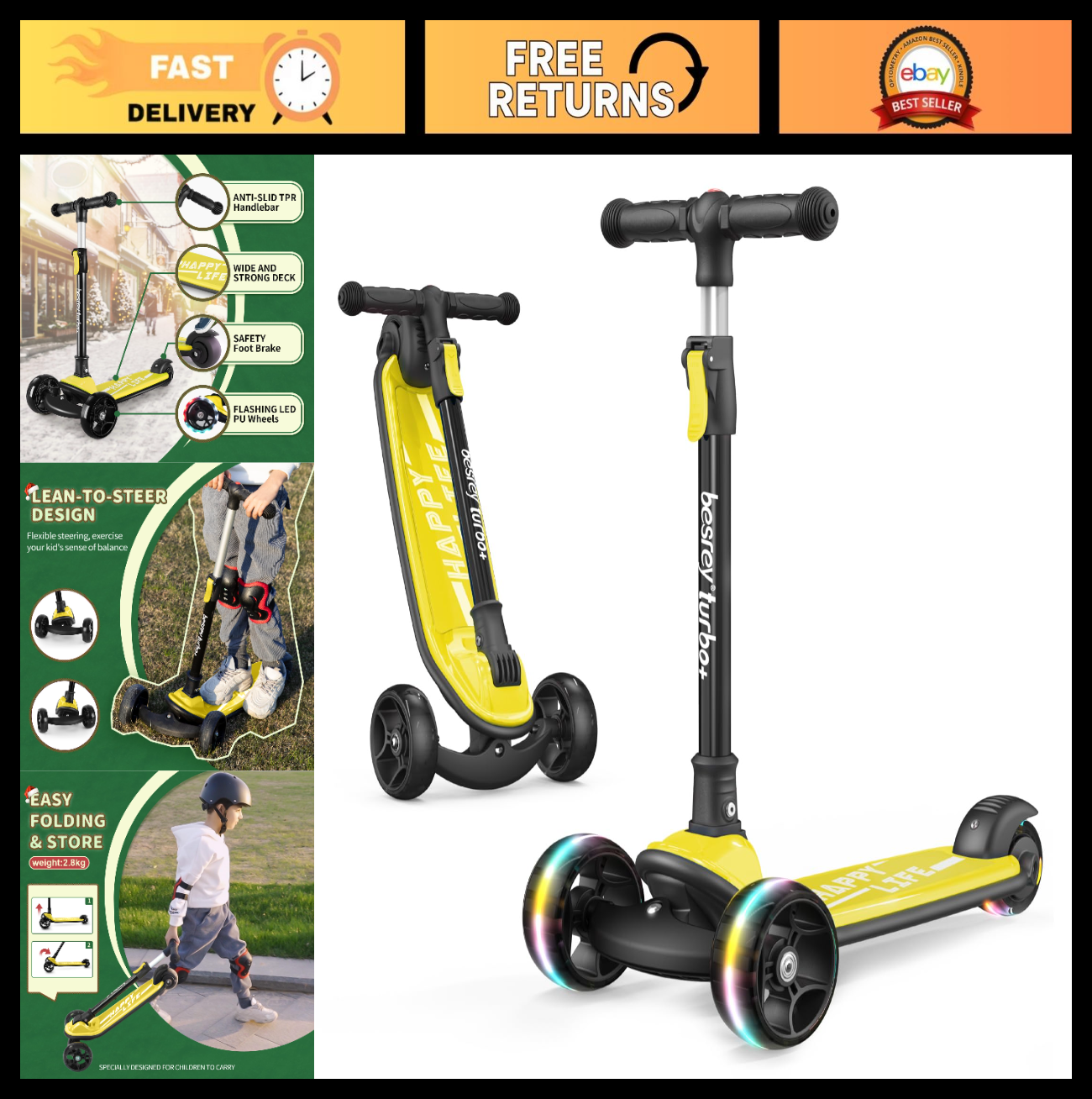 3-Wheel Kids Scooter Ages 3-10, Adjustable Height, Safe & Durable Design0