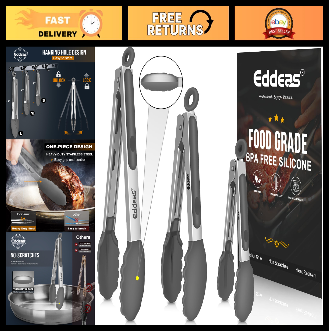 Heat Resistant Silicone Tongs Set 7/9/12"   Heavy Duty Stainless Steel, 600°F No0