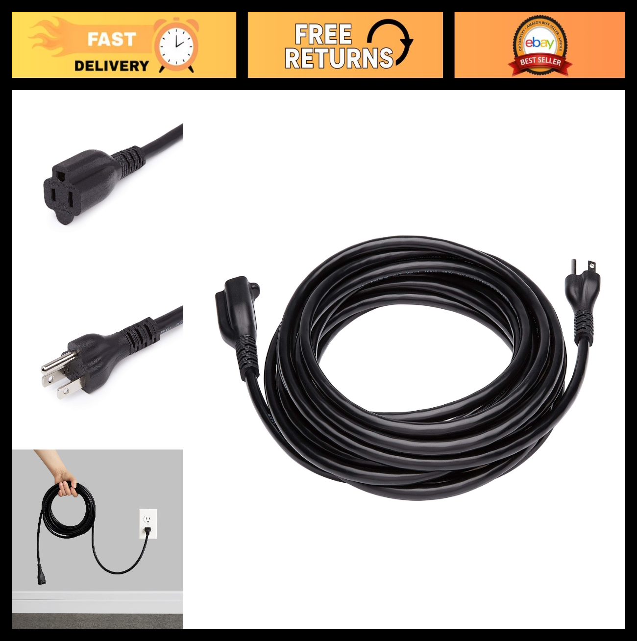 25ft Extension Cord, 13A, 125V, Multiple Outlets, LED Indicator Lights, Black0