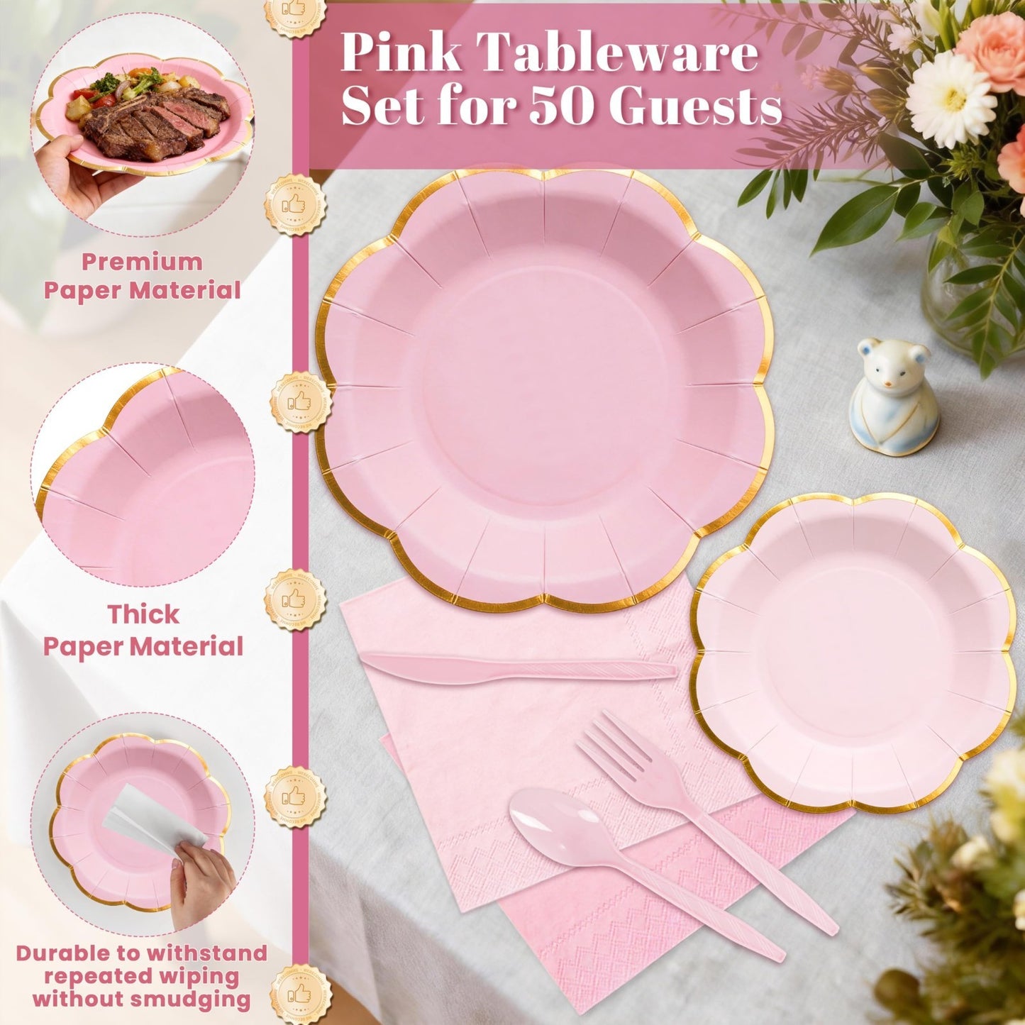 350 Pcs Pink Scalloped Paper Plates & Napkins Set for 50 Guests | Gold Rim Dispo3