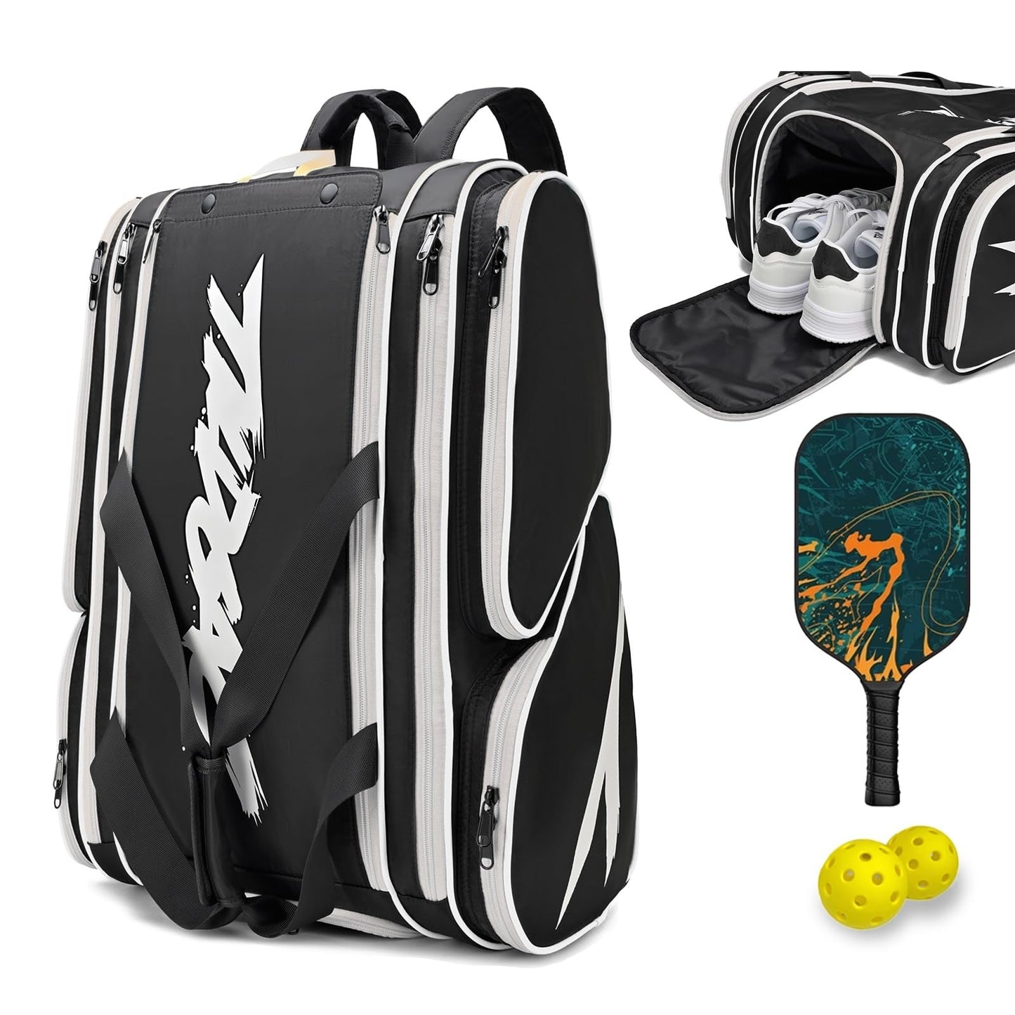 Large Pickleball Paddle Bag for 4 Paddles, Accessories, Shoe Compartment & Hook1