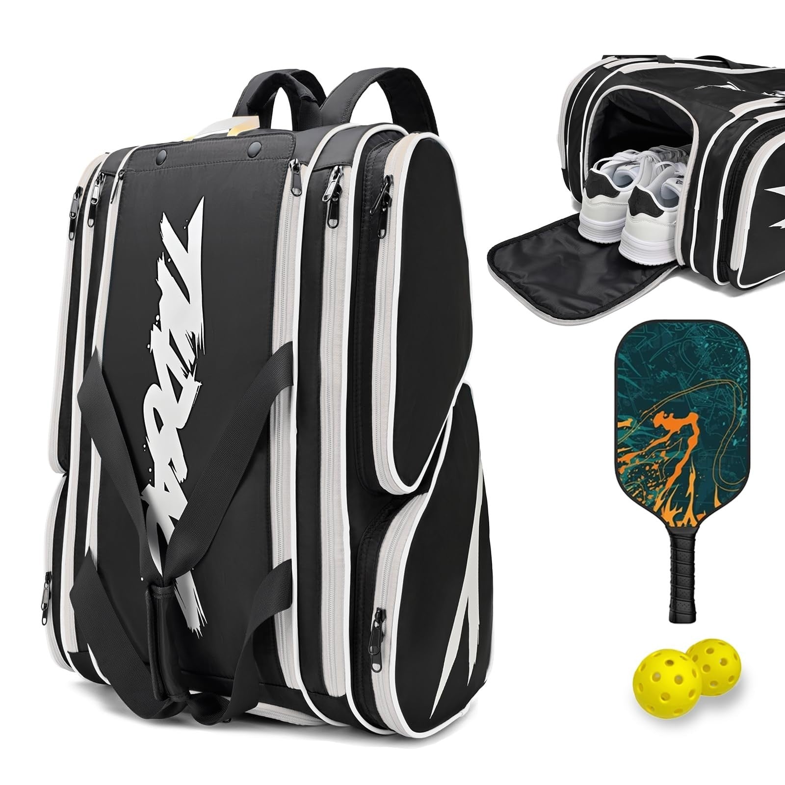 Large Pickleball Paddle Bag for 4 Paddles, Accessories, Shoe Compartment & Hook1