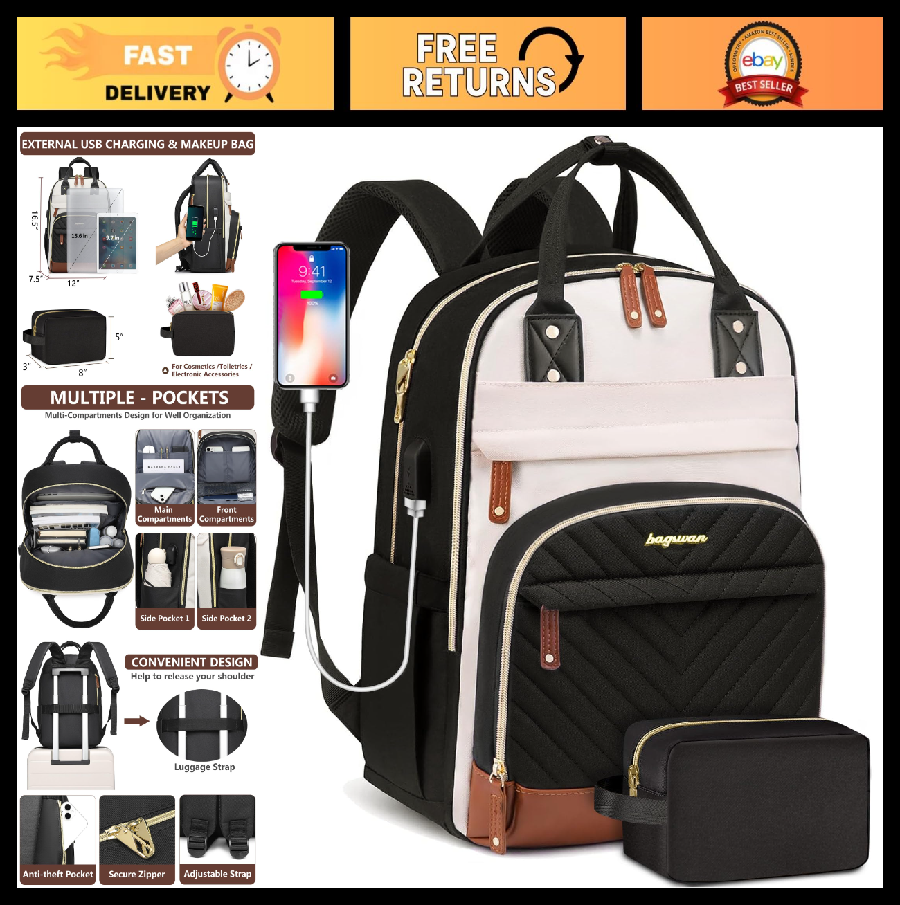 Waterproof 15.6" Laptop Backpack for Women   Business, Travel, College, Nurse Ba0
