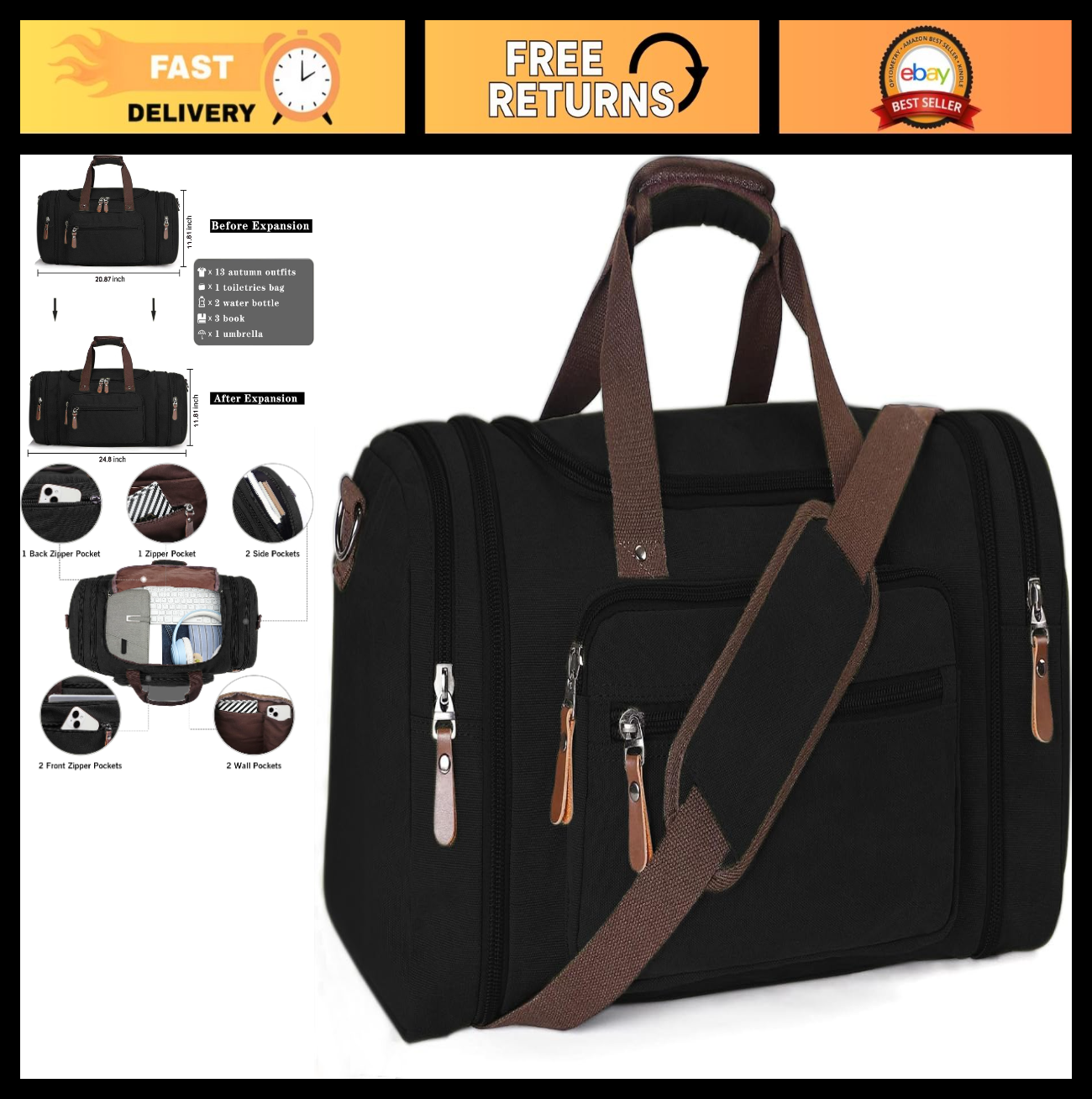Large Canvas Duffle Bag - Outdoor Shoulder Tote, Overnight Travel Luggage, Weeke0