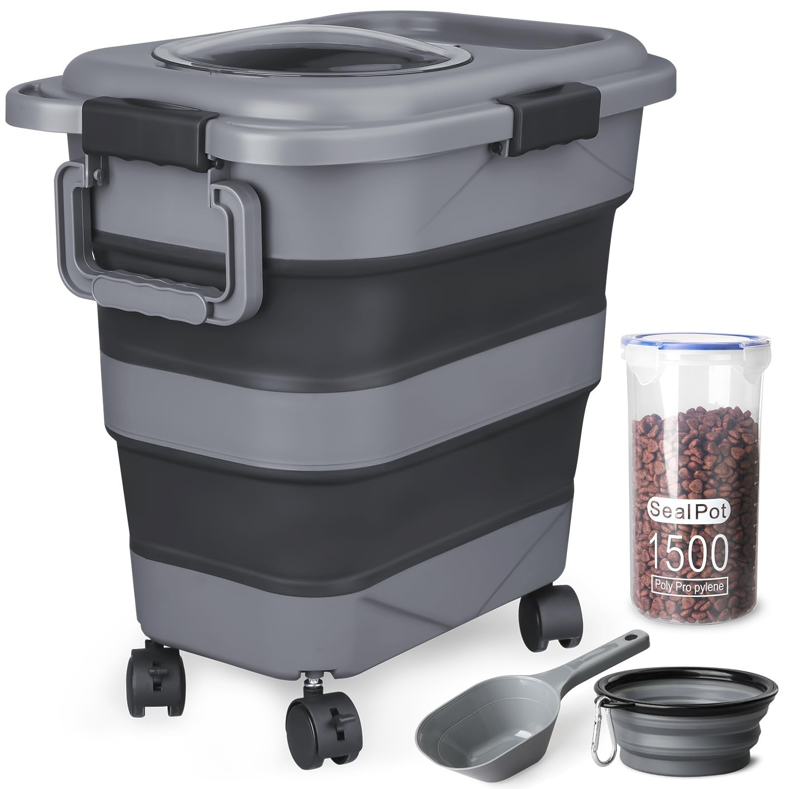 Airtight Dog & Cat Food Storage Container, 23 25 lbs, Collapsible with Wheels &1