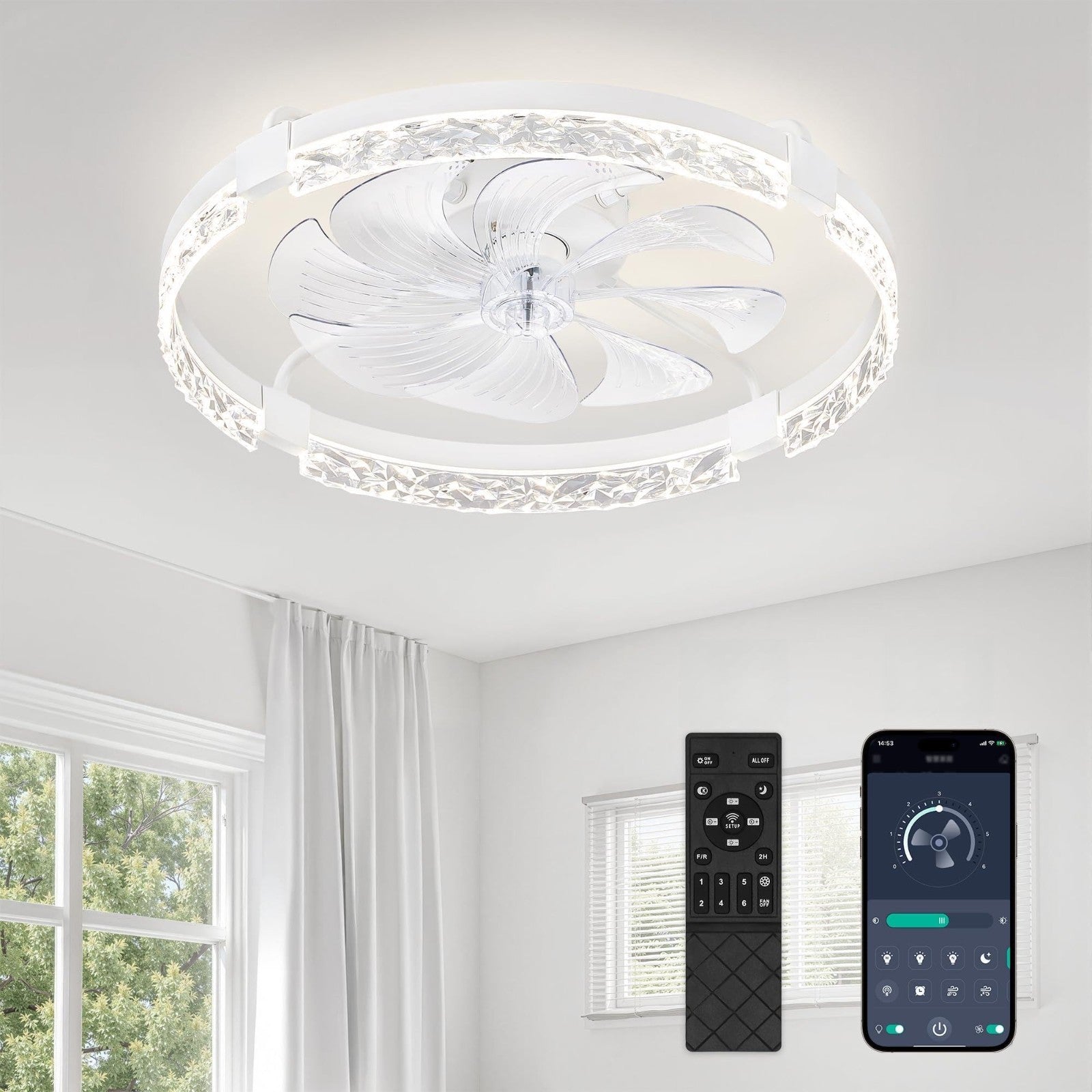24" LED Ceiling Fan with Lights & Remote | Dimmable, 6 Speeds, Flush Mount, Time1