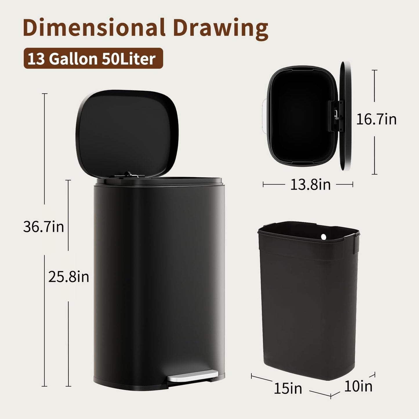 Stainless Steel Trash Can with Lid, Removable Inner Bucket, Foot Pedal, Soft Clo6