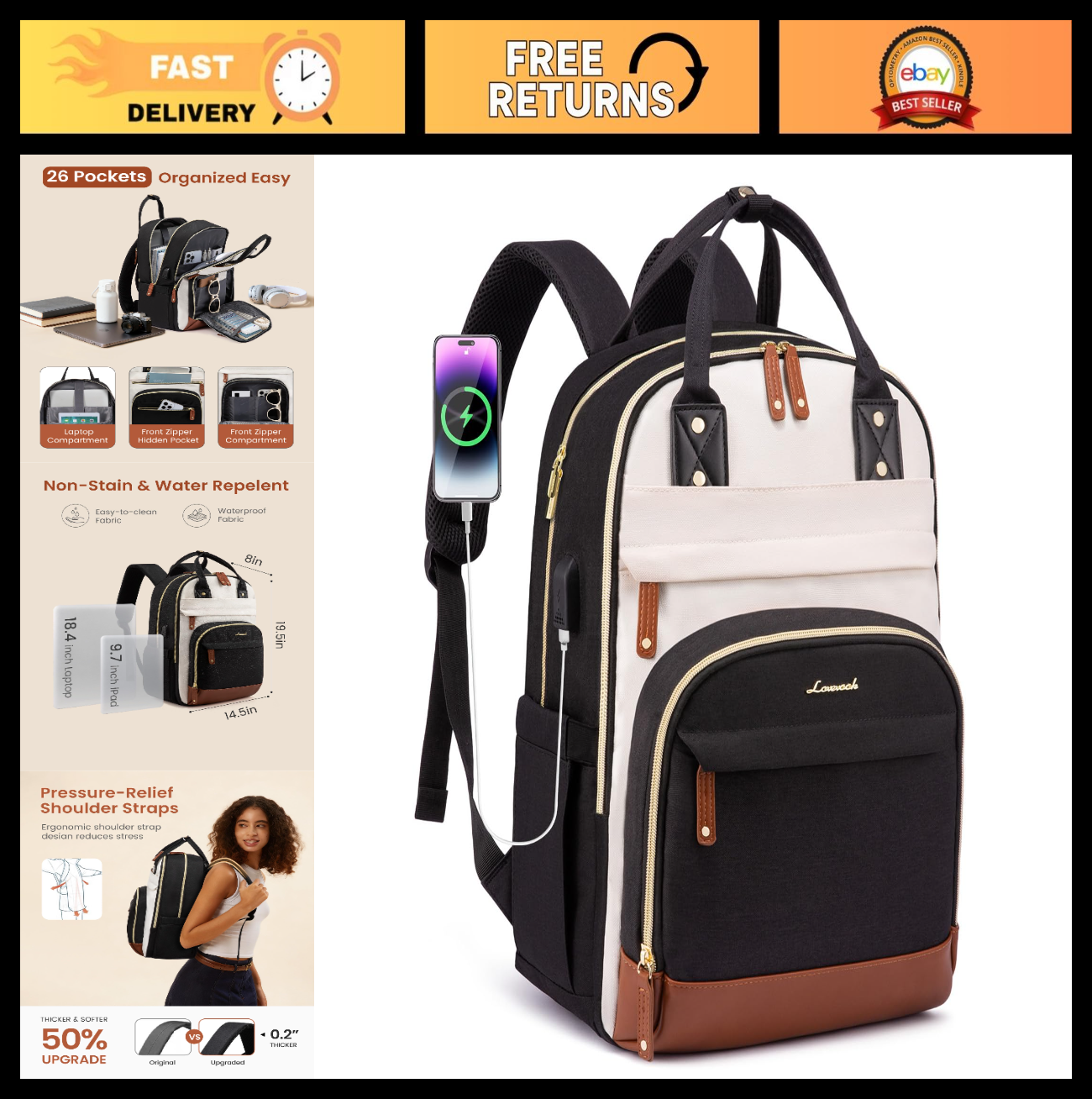 Stylish Waterproof Laptop Backpack with USB Port, 18.4" Work & Travel Bag, Cute0