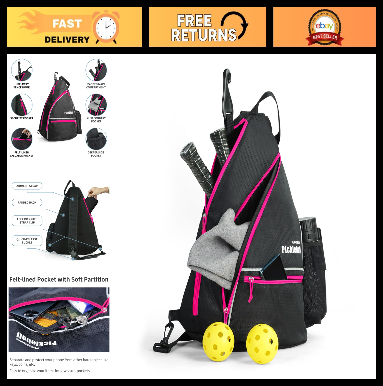 Large Capacity Pickleball Backpack with Fence Hook, Water-Resistant, Padded Back0