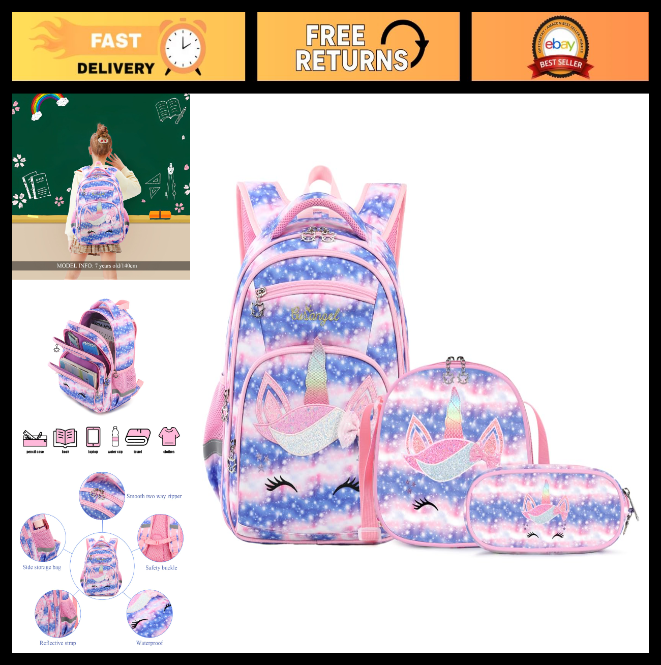 Cute Unicorn Girls Backpack Set with Lunch Box & Pencil Case   Multi Compartment0