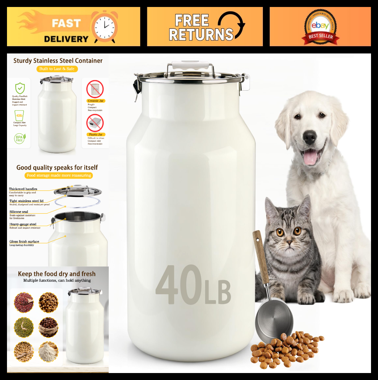 Large Stainless Steel Pet Food Storage Container 40 lb   Dog & Cat Supplies0