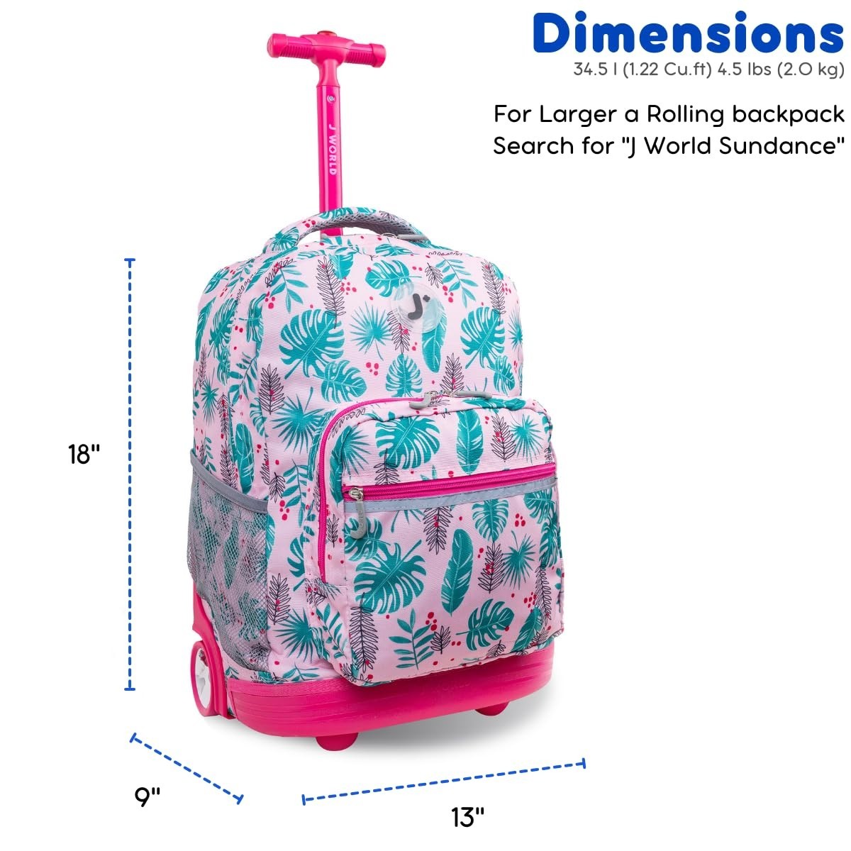 Rolling Backpack with Wheels, Palm Leaves Print, Lightweight Travel Bag, School2