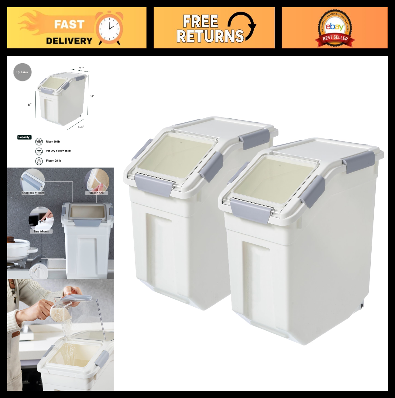 15L Rice Storage Container Set   30lbs, BPA Free, Includes Measuring Cup, Ideal0
