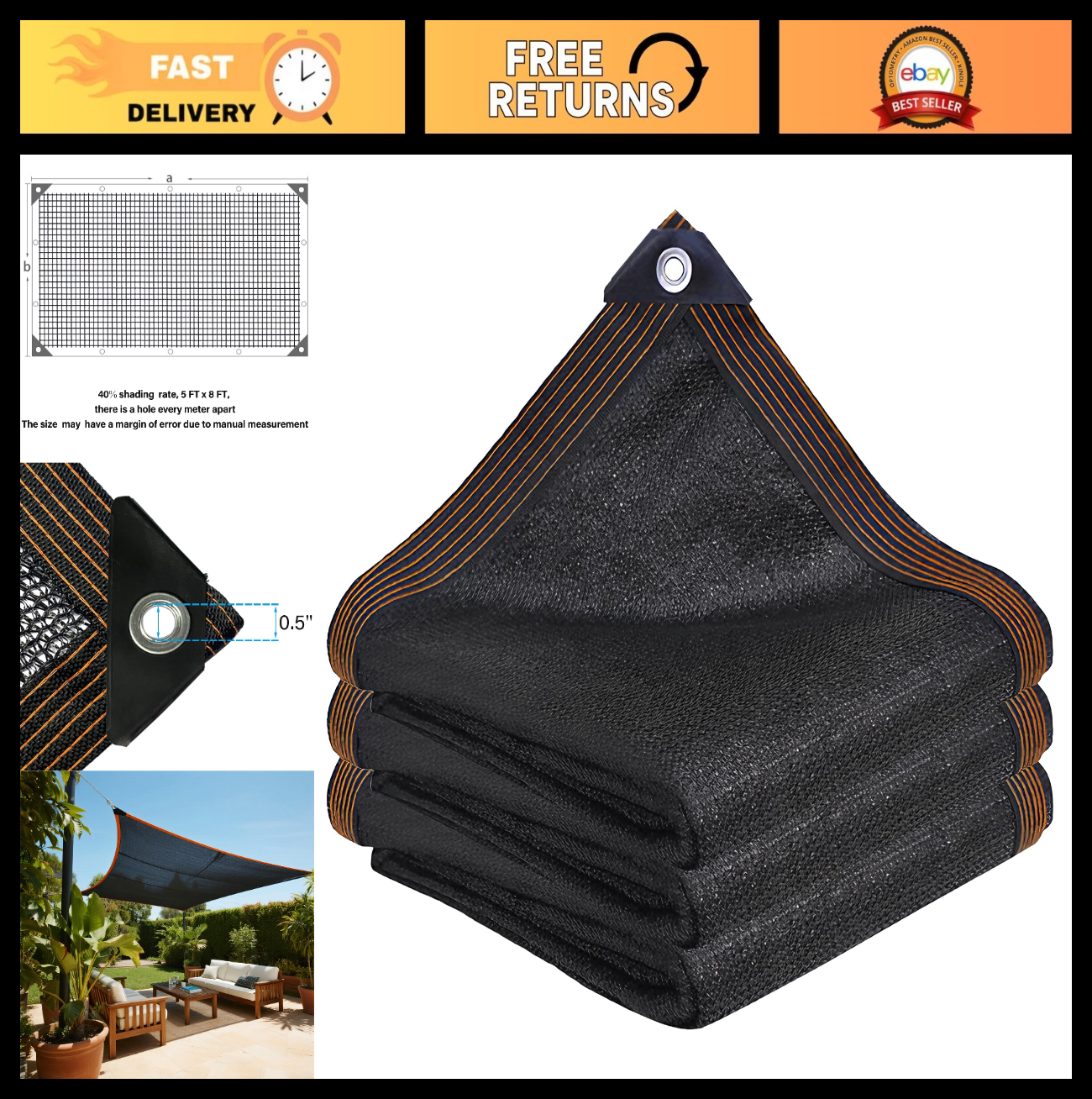 40% Black Shade Cloth 5x8 FT Mesh Tarp - Garden, Greenhouse, Patio, Plant Cover,0