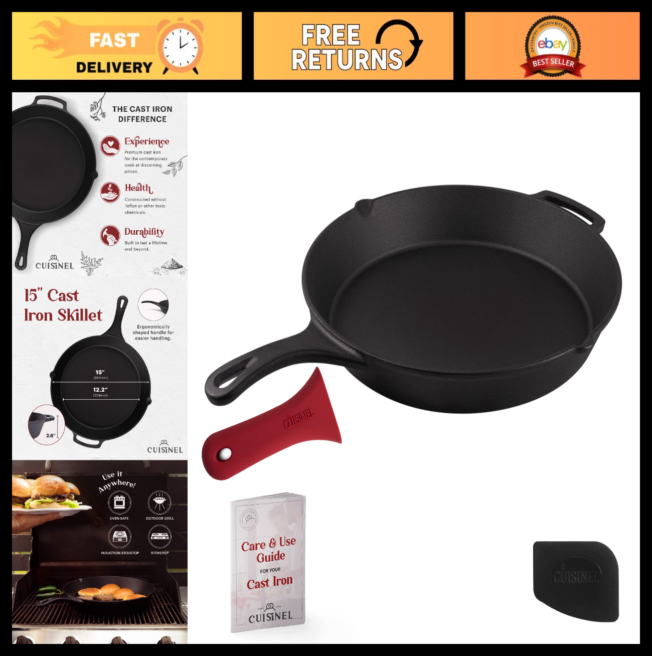 15-Inch Pre-Seasoned Cast Iron Skillet with Silicone Handle - Versatile Frying P0