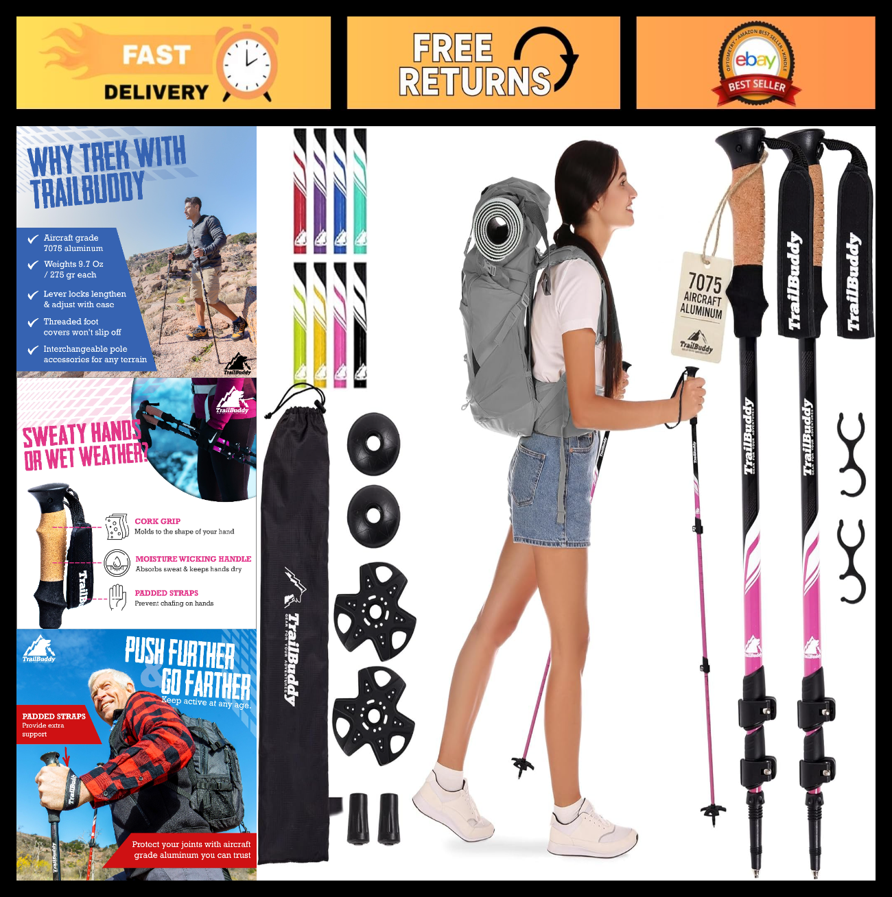 Lightweight Aluminum Trekking Poles - Collapsible Hiking Sticks for Travel & Bal0