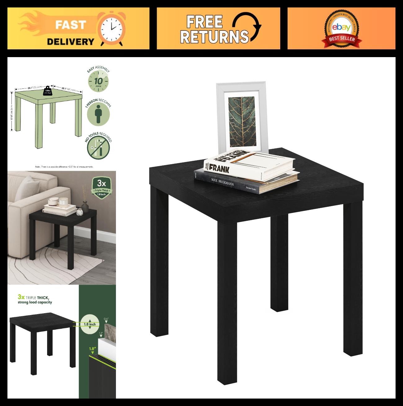 Square End Table - Classic Homey Design, Versatile Side Table, Black Finish, 1-P0
