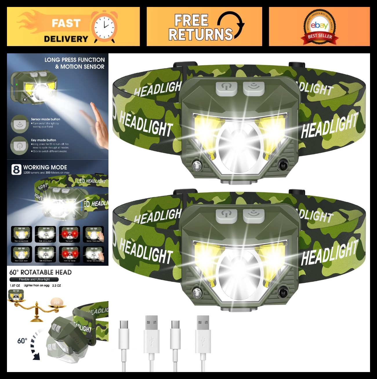 Ultra Light LED Headlamp Flashlight 2 Pack, Rechargeable, Waterproof, 8 Modes, M0