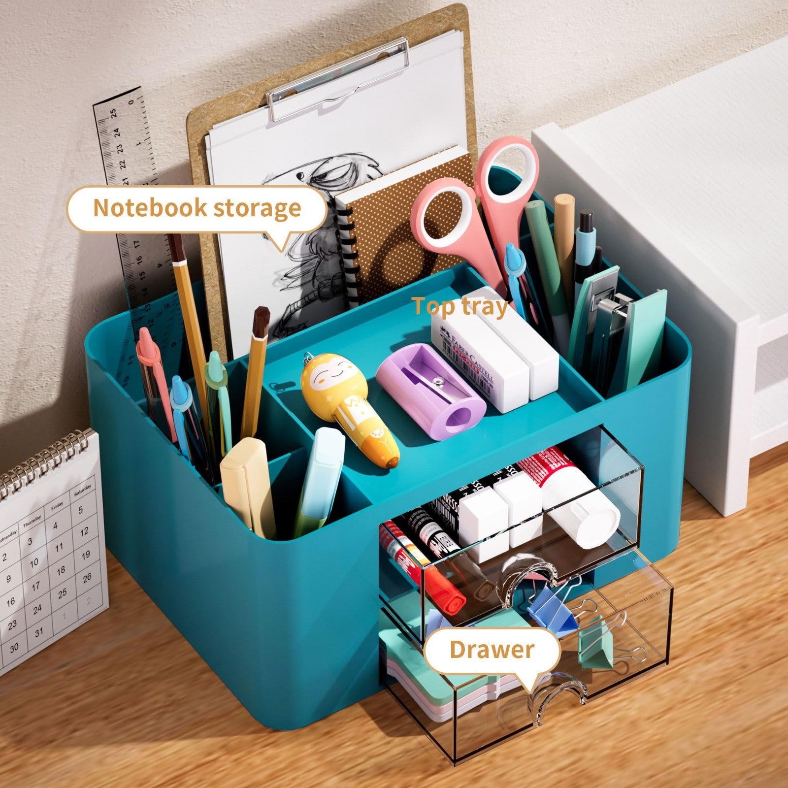 Multi Functional Desk Organizer with 2 Drawers, 5 Compartments for Art Supplies3