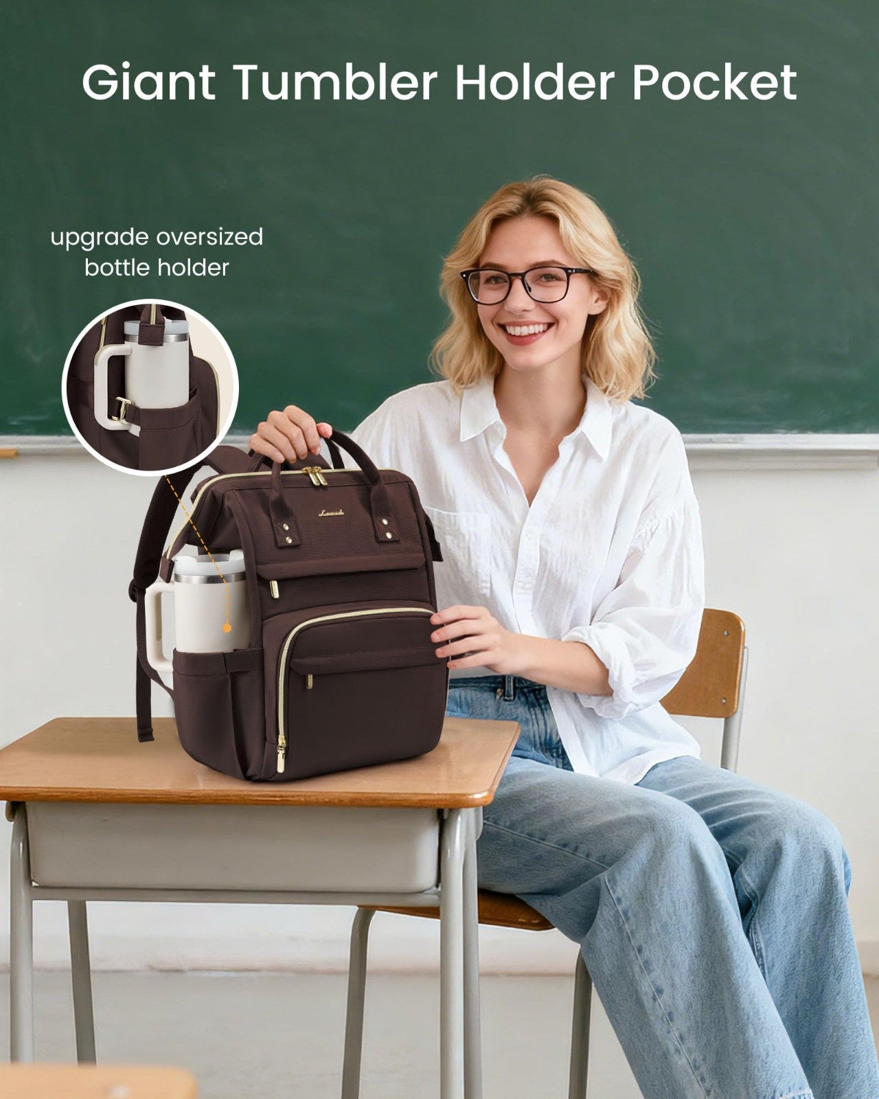 Stylish Waterproof Laptop Backpack for Women, 15.6" Travel Bag with Tumbler Hold2