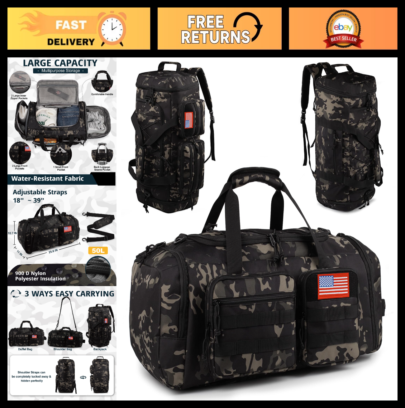 Large 50L Tactical Gym Duffle Bag for Men   3 in 1 Sports Travel Backpack0