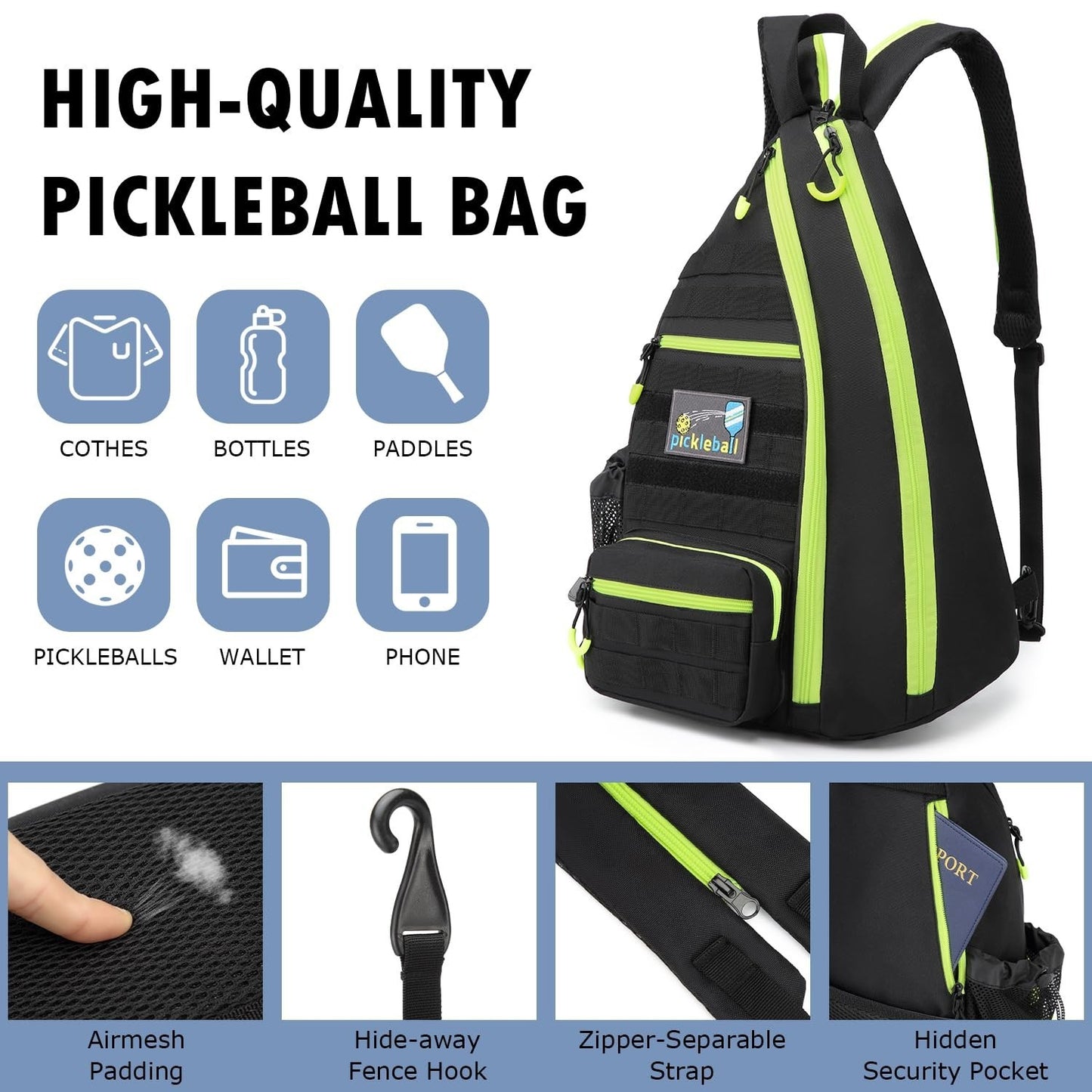 Tactical Pickleball Backpack - Adjustable Sling Bag with Water Bottle & Fence Ho4
