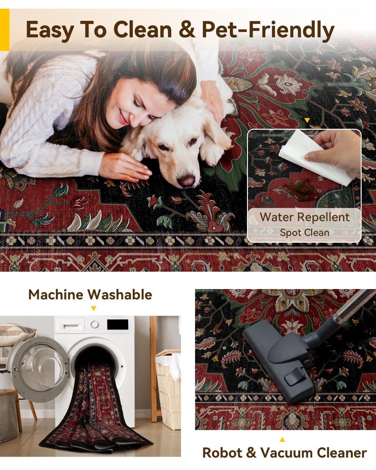Washable 8'x10' Area Rug   Non Slip, Water Repellent, Pet Friendly, Vintage Flor3
