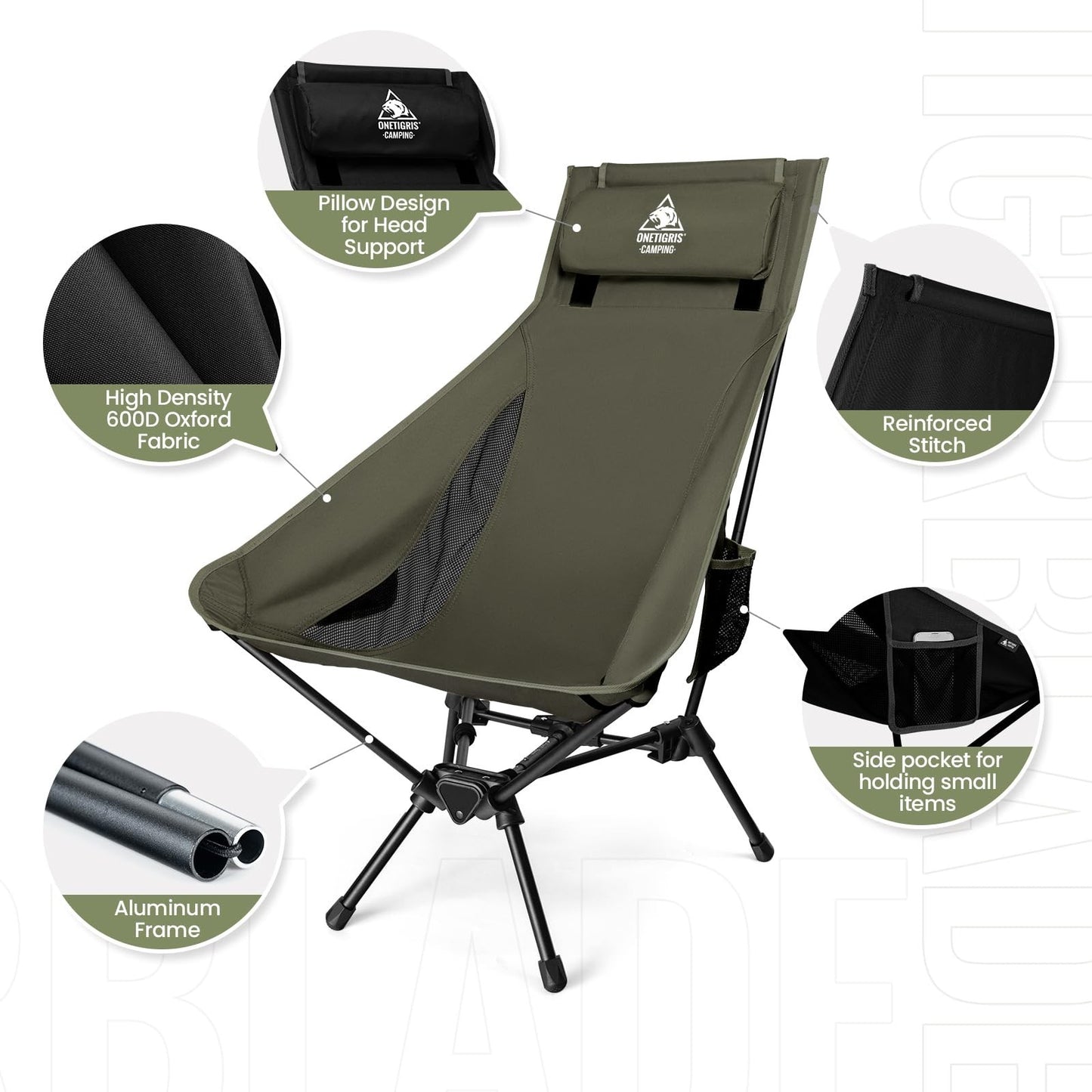 High Back Folding Camping Chair with Pillow - Comfortable Widened Seat, Portable5