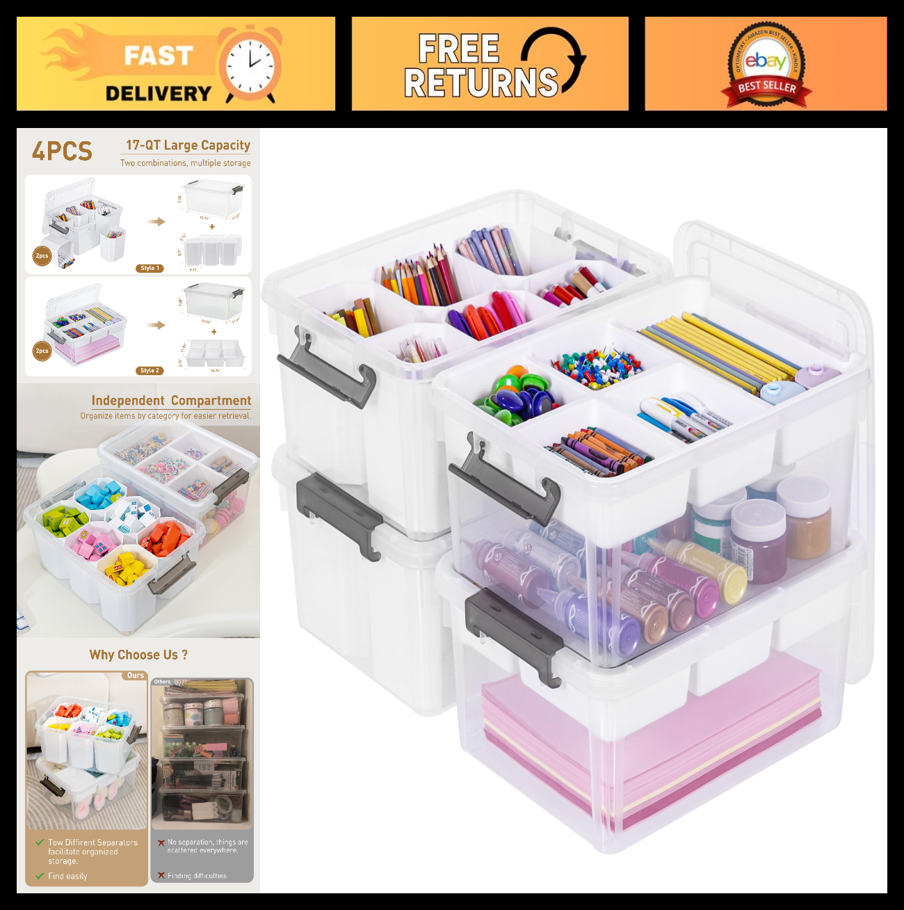 Clear Craft Organizers 17QT   4 Pack Storage Bins with Lids for Home & Office0